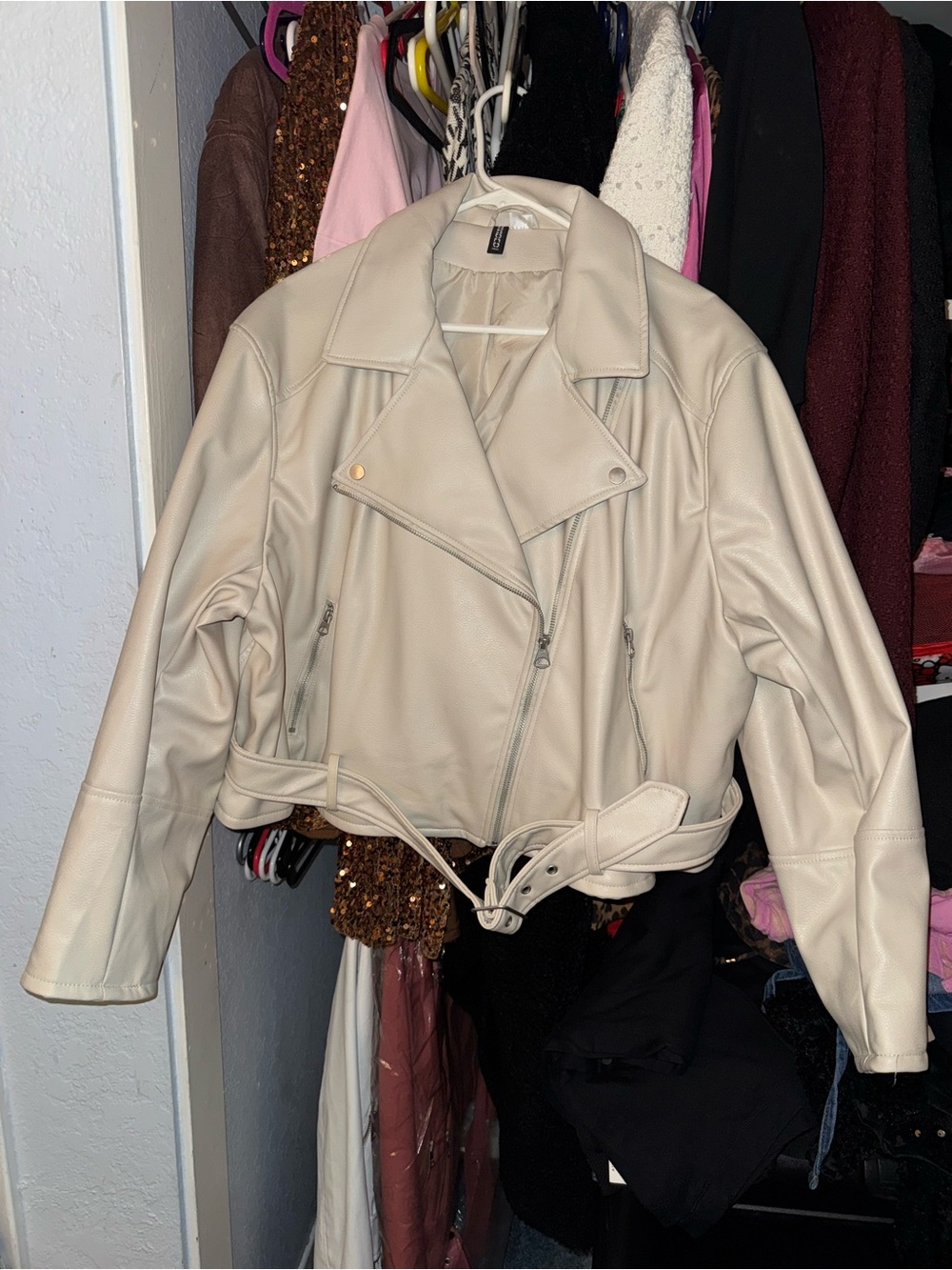 H&M Cream Faux Leather Moto Jacket with Belt